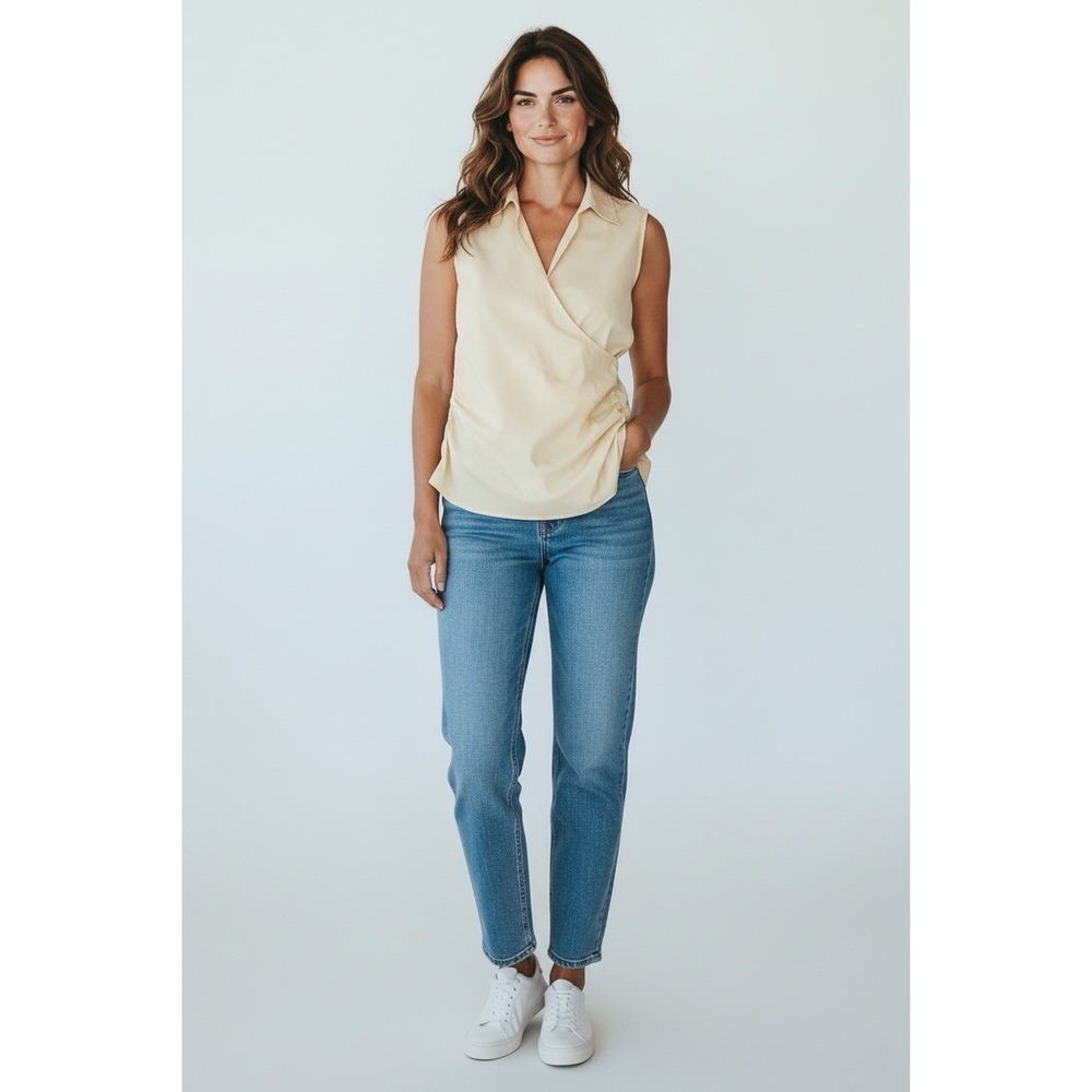 Express Design Studio Women's L Beige Ruched Wrap Sleeveless Collared Top NWT